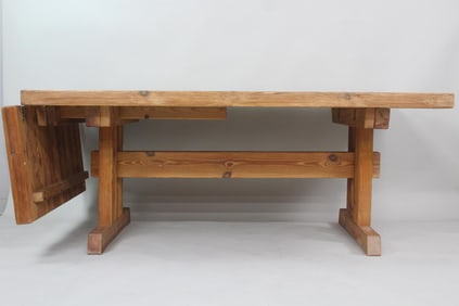Scandinavian Modern Pine Trestle Farm Table with Leaf