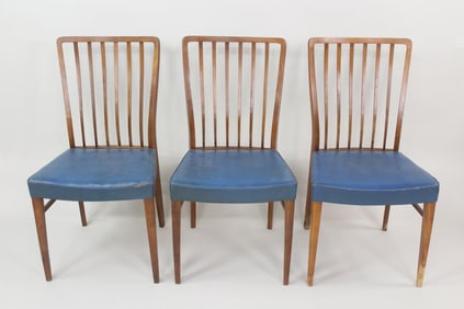 Set of 3 Scandinavian Modern Spindle Dining Chairs with Blue Leather Seats