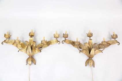 Pair of 5-Lite Gilt Metal Sconces with Palm Leaves
