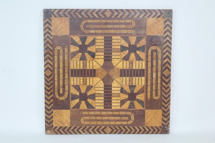 Large Folk Art Inlaid Wood Gameboard Table Top, Parcheesi & Cribbage