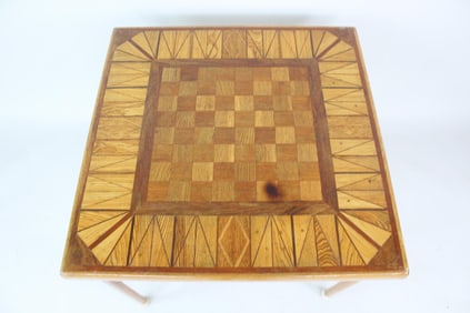 Folk Art Inlaid Wood Gameboard Folding Table, Checkers & Chess