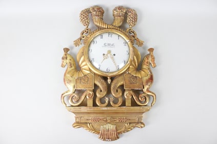 Ornate Gustavian Gilt Wood Cartel Clock with Hippocampus