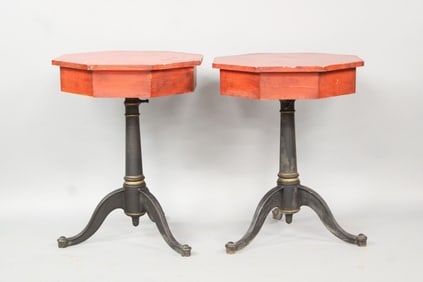 Pair of Tilt Top Cast Iron Drafting Tables with Red Octagonal Tops