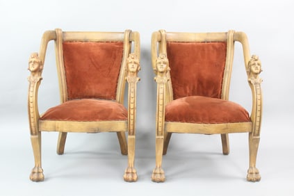 Pair of Ornate Velvet Armchairs with Carved Faces