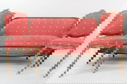 Rooster Upholstered French Settee Sofa and Chairs Set, Louis XV