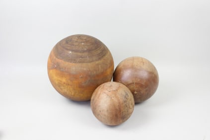 Lot of 3 Large Smoothly Carved Wooden Sphere Carpet Balls