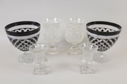 3 Pairs of Glass Urns, Hungarian Black Overlay and Cut Glass