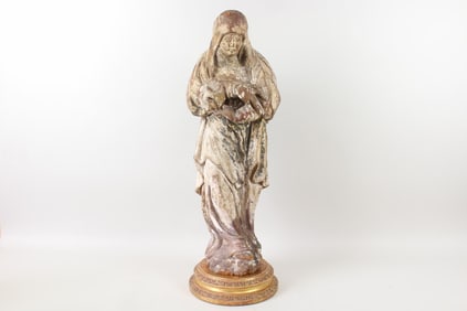Antique 19th C. Carved Wood Italian Madonna Statue