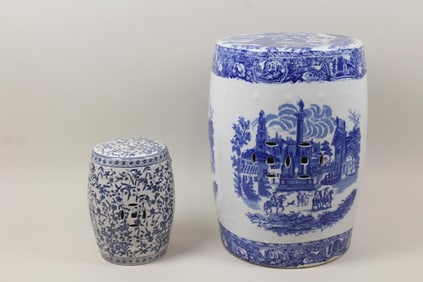 Lot of 2 Blue & White Ceramic Chinoiserie Garden Stools