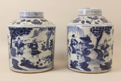 Pair of Chinese Blue & White Porcelain Tea Jars