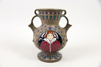 Art Nouveau Amphora Art Pottery Vase, Swans & Figure