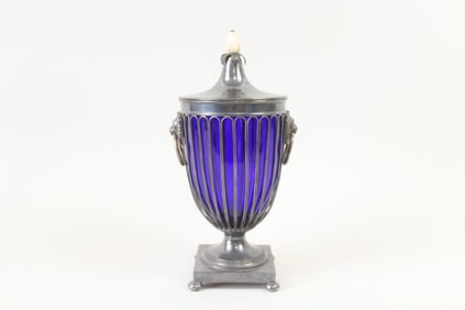 English Silver Plated and Blue Glass Urn with Cover