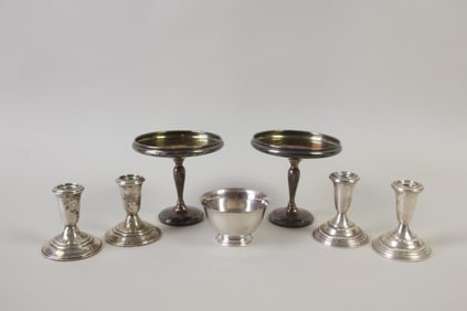 Lot of 7 Sterling Silver Candleholders & Dishes, Empire, Crown, and Stieff