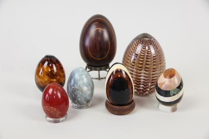 Collection of 7 Decorative Eggs, Murano, Stone & Wood