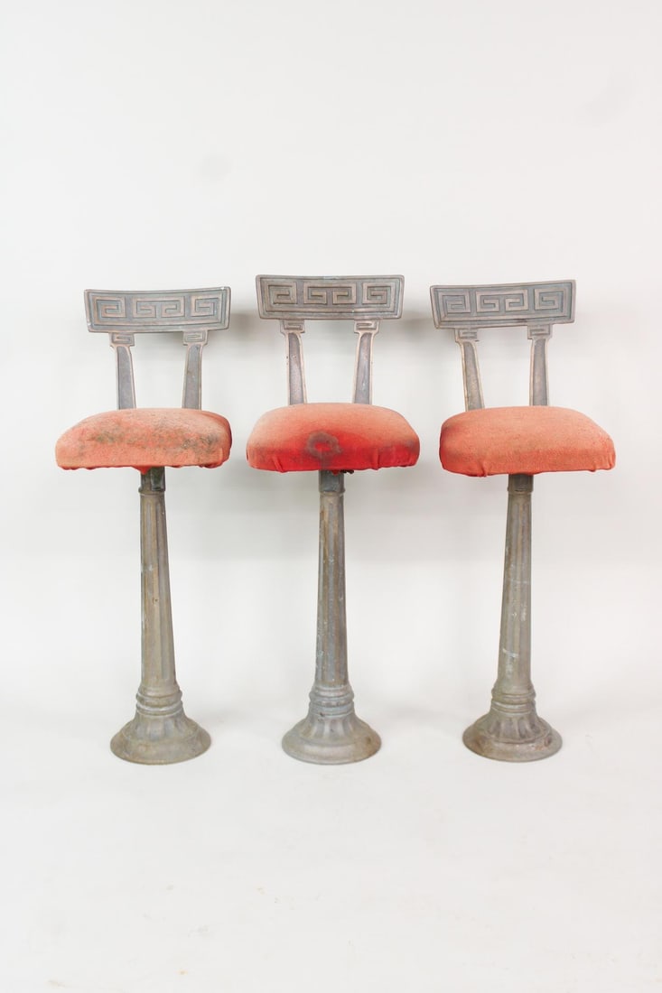 Set of 3 Neoclassical Metal Soda Fountain Bar Stools, Greek Key (1 of 10)