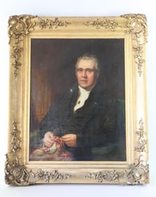 Large Antique Portrait of A Man Cleaning his Glasses