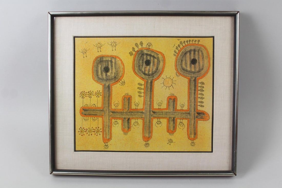 Signed Folk Art Painting on Fabric: Signed Folk Art Abstract Painting on Fabric. A cheerful illustration of stylized sun-like forms drawn on a woven surface. It has a fabric mat and metal frame. Signature appears to be "Dickerson." Dime