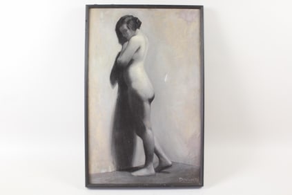 Framed B&W Grisaille Painting of a Nude Woman, Signed