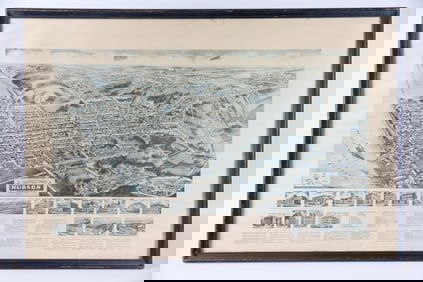 Large Framed 1923 Aeroview Map of Hudson NY