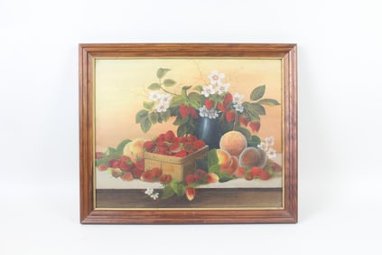 Framed Oil Painting Fruit Still Life, Peaches and Strawberries