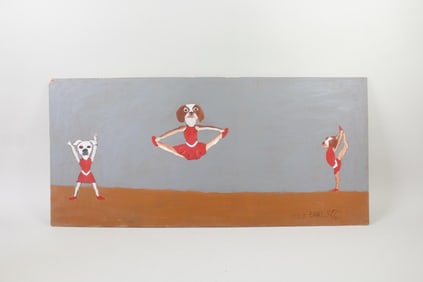 Large Earl Swanigan Outsider Art Painting, Dog Cheerleader Trio