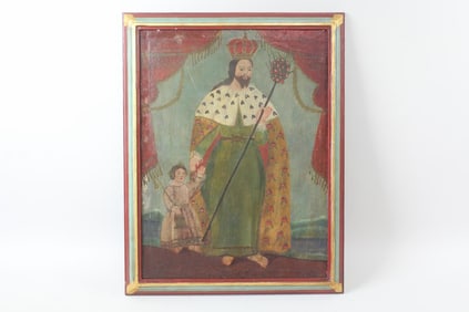 Framed Retablo on Canvas Painting San Jose de Prusia 1887