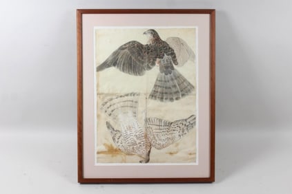 Framed Double Watercolor Painting of a Hawk