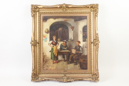19th C. Oil Painting in Gilt Frame, Tavern Scene by J.Arlet