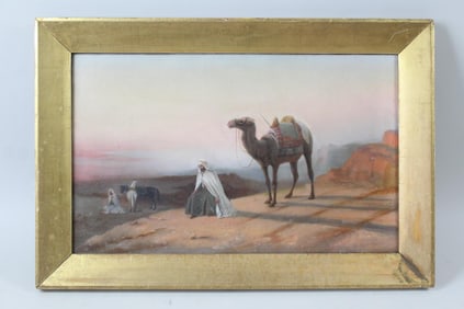 Framed Orientalist Middle Eastern Painting, Man with Camel