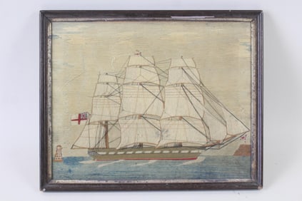 Marine Folk Art British Naval "Woolie" Needlework Picture