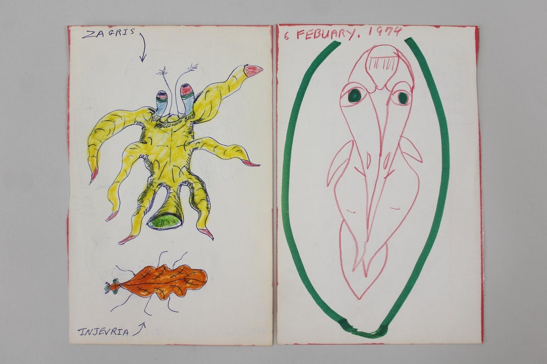 Pair of Fantastical Creature Drawings, 1974: Pair of Fantastical Creature Drawings, 1974. Mixed media drawing - imaginative creatures drawn in bright tones on paper, possibly from a sketchbook. Date and notations on back. One has Dimensions of 8