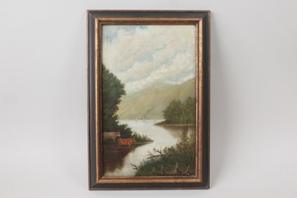 Framed Oil Painting, Cows in Landscape, Hudson River