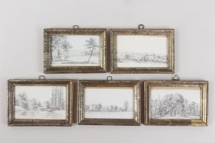 Group of 5 Tiny Graphite Drawings of German Landmarks, 1820s
