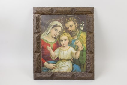 Large Wooden Tramp Art Frame with Holy Family Print