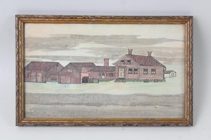 Framed Folk Art Watercolor Painting of a Brick Farmhouse