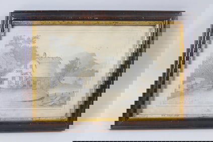 Framed Folk Art Drawing of a House, Signed Mattie E. Newton