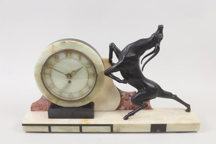 Sculptural Art Deco Onyx & Marble Clock with Antelope