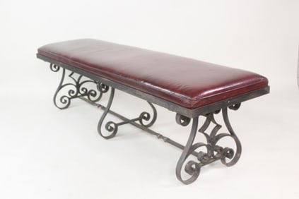 Spanish Revival Oxblood Red Leather & Wrought Iron Bench