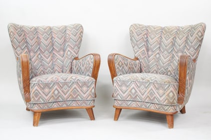 Pair of Wing-back Lounge Chairs, Aztec Upholstery