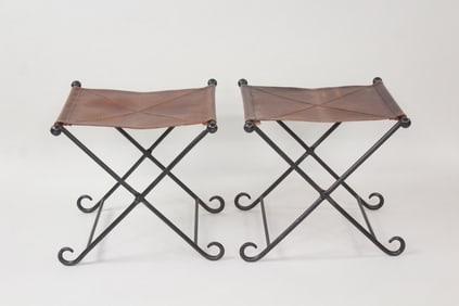 Pair of Folding Leather Sling Stools