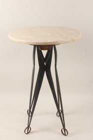 Travertine & Wrought Iron Brutalist Side Table