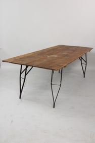 Primitive Wood Farm Table with Industrial Metal Folding Legs