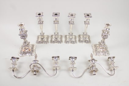 Lot of 6 Ornate Silverplate Candlesticks & 2 Convertible Candelabra Arms