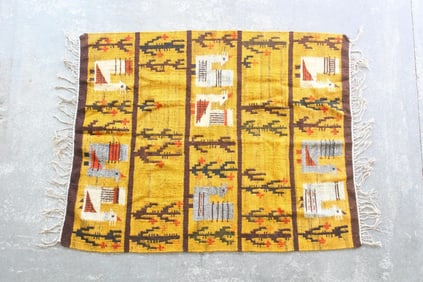 Yellow & Brown Folk Art Kilim Rug with Alpacas