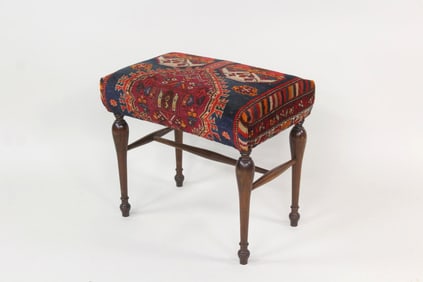 Turned Wood Stool with Kilim Upholstery
