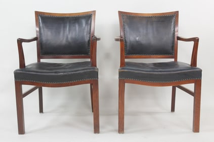 Pair Danish Modern Navy Leather & Wood Armchairs