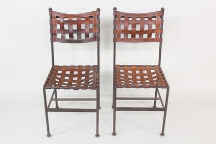 Pair of Iron & Leather Strap Dining Chairs