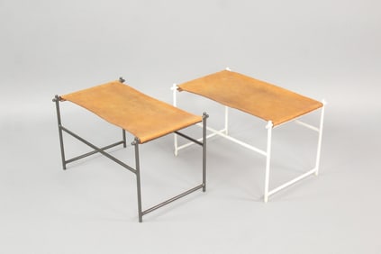 Pair of Iron & Leather Sling Seat Stools, Minimalist
