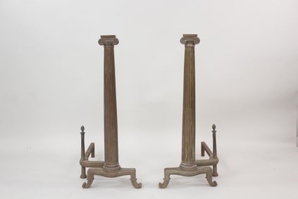 Pair of Neoclassical Brass Column Andirons
