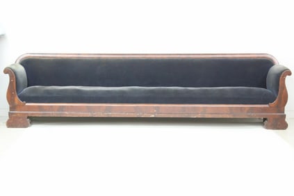Monumental 10 Ft Biedermeier Black Velvet & Mahogany Sofa